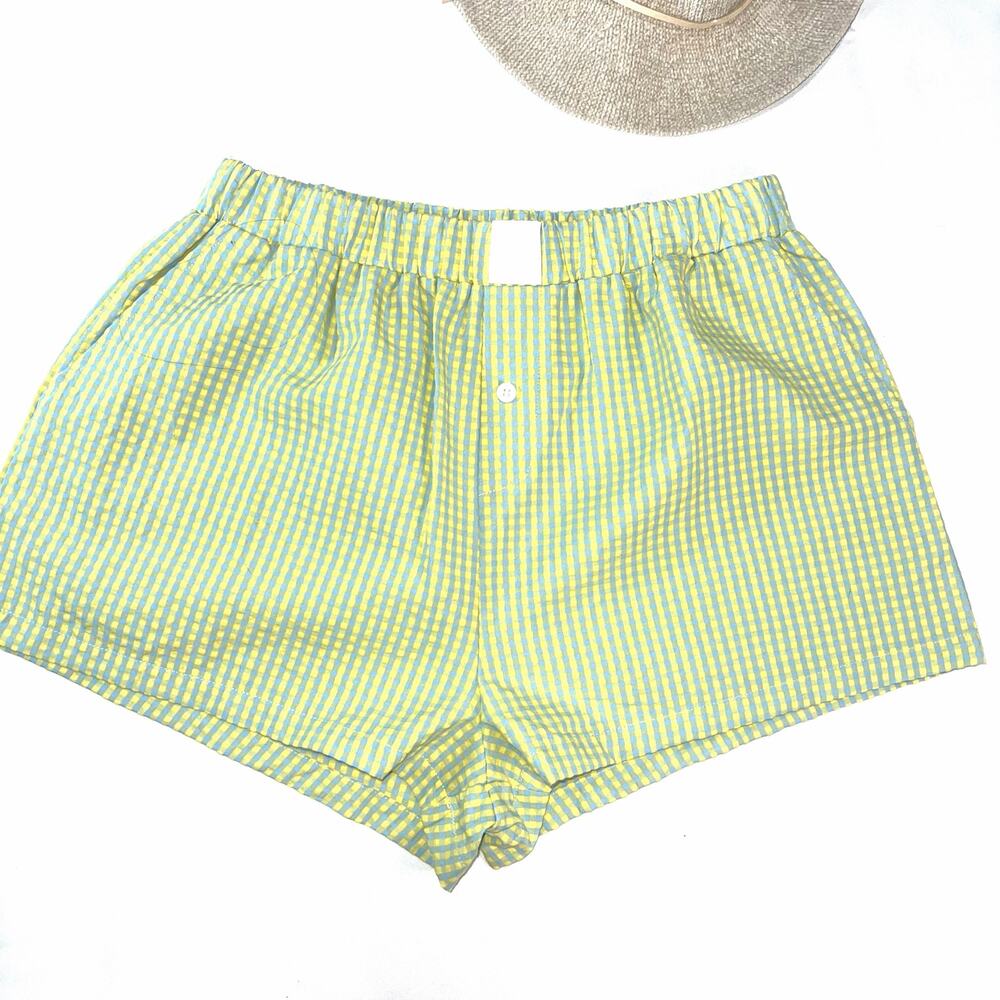 Yellow Blue Gingham Shorts Elastic Waist Preppy Coastal Summer Seersucker Size L